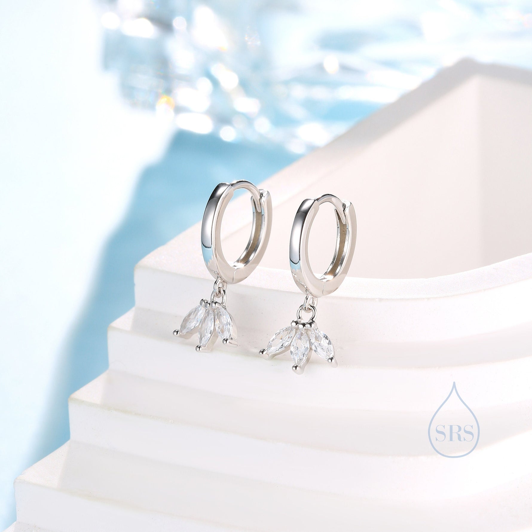 CZ Marquise Crown Huggie Hoop Earrings in Sterling Silver, Silver or Gold, Geometric Hoop Earrings, Clear CZ