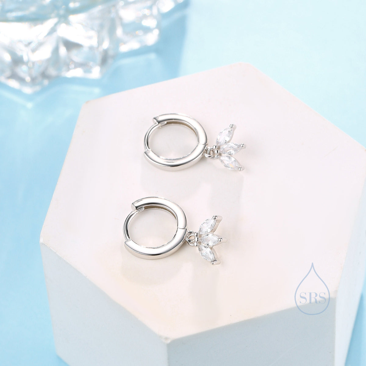 CZ Marquise Crown Huggie Hoop Earrings in Sterling Silver, Silver or Gold, Geometric Hoop Earrings, Clear CZ