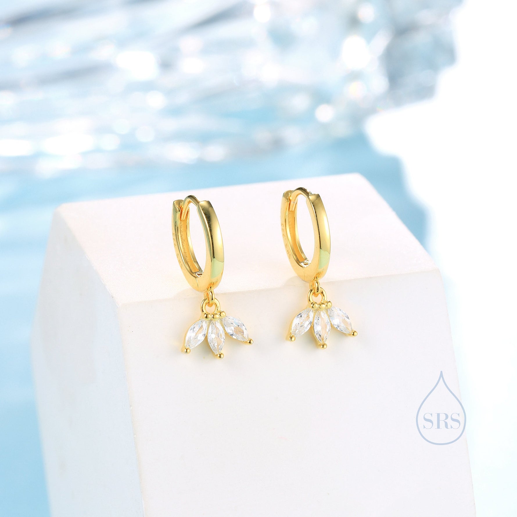 CZ Marquise Crown Huggie Hoop Earrings in Sterling Silver, Silver or Gold, Geometric Hoop Earrings, Clear CZ