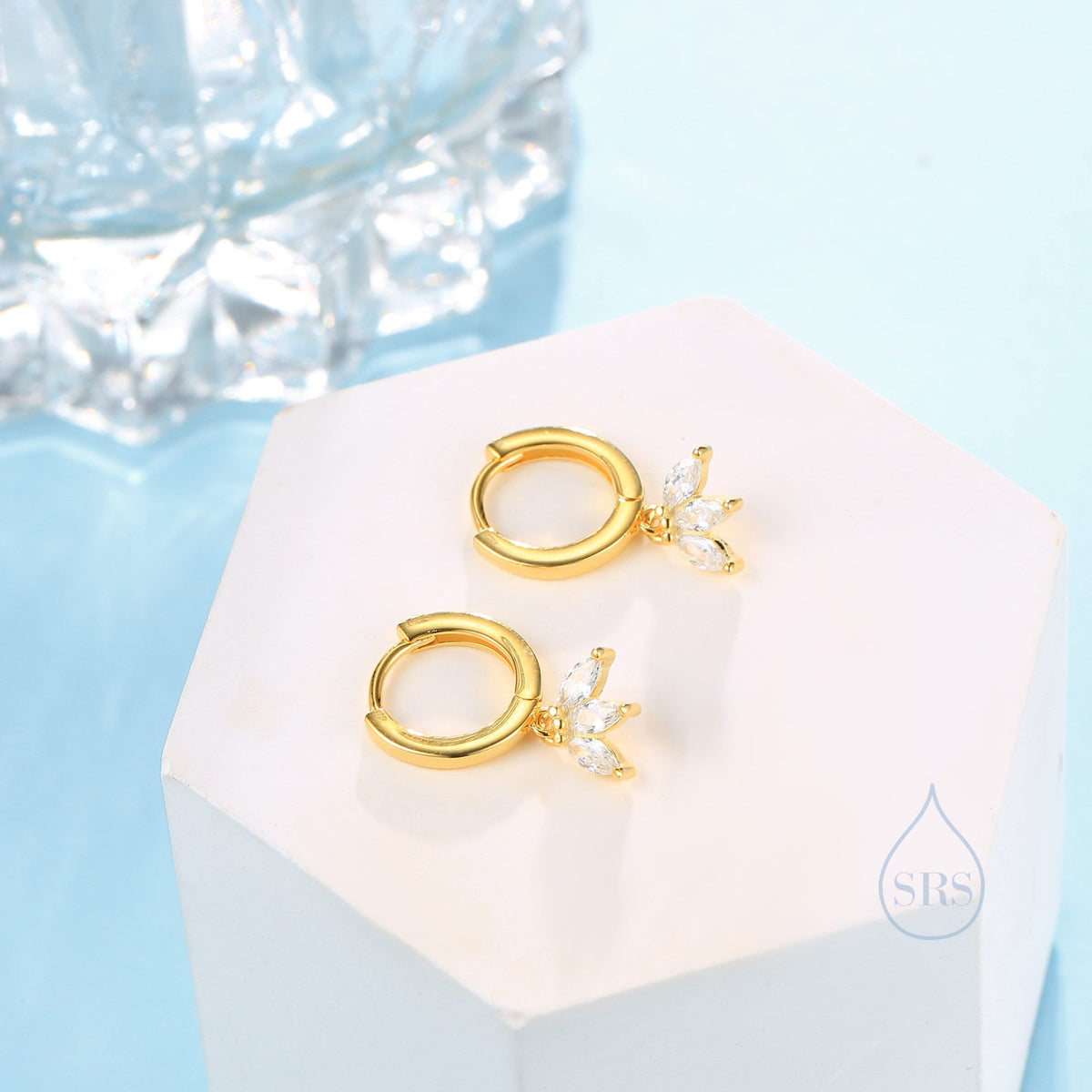 CZ Marquise Crown Huggie Hoop Earrings in Sterling Silver, Silver or Gold, Geometric Hoop Earrings, Clear CZ