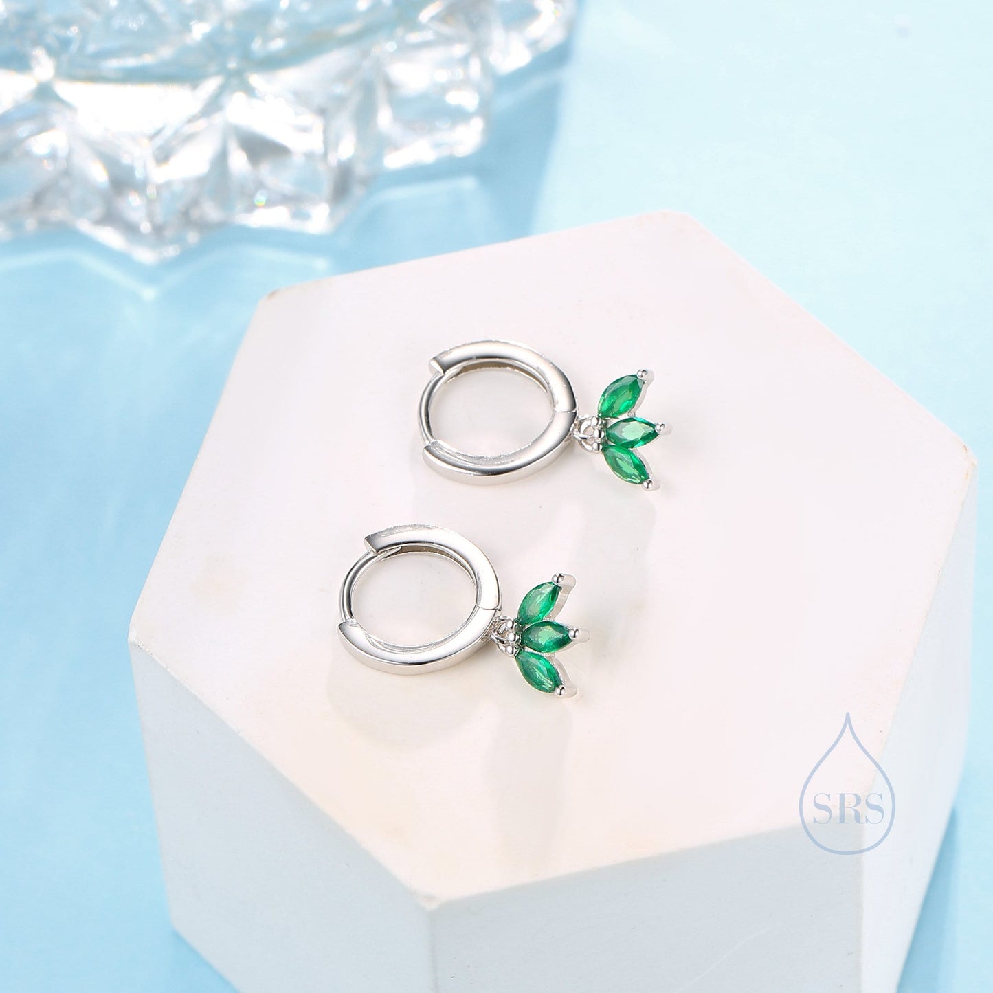 Emerald Green CZ Marquise Crown Huggie Hoop Earrings in Sterling Silver, Silver or Gold, Geometric Hoop Earrings, May Birthstone