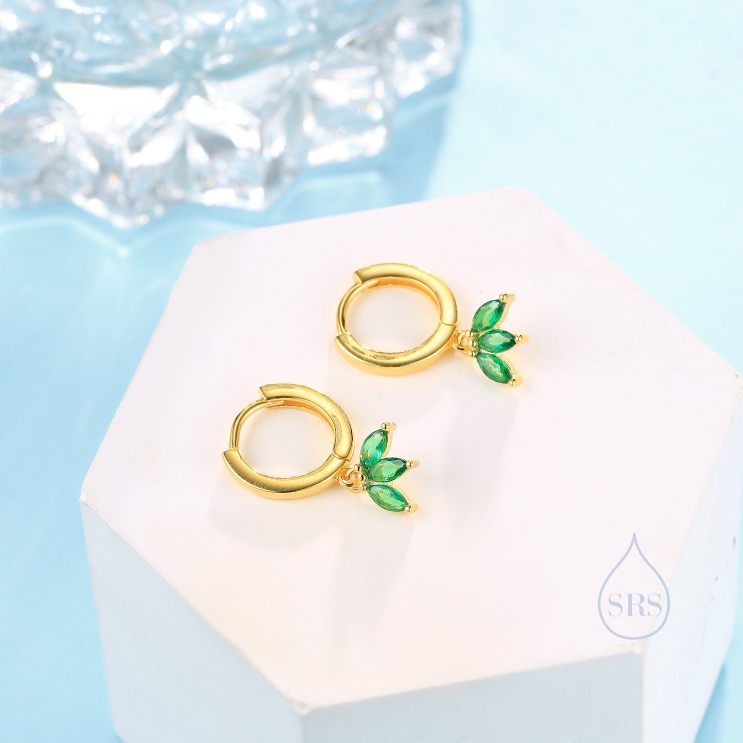 Emerald Green CZ Marquise Crown Huggie Hoop Earrings in Sterling Silver, Silver or Gold, Geometric Hoop Earrings, May Birthstone