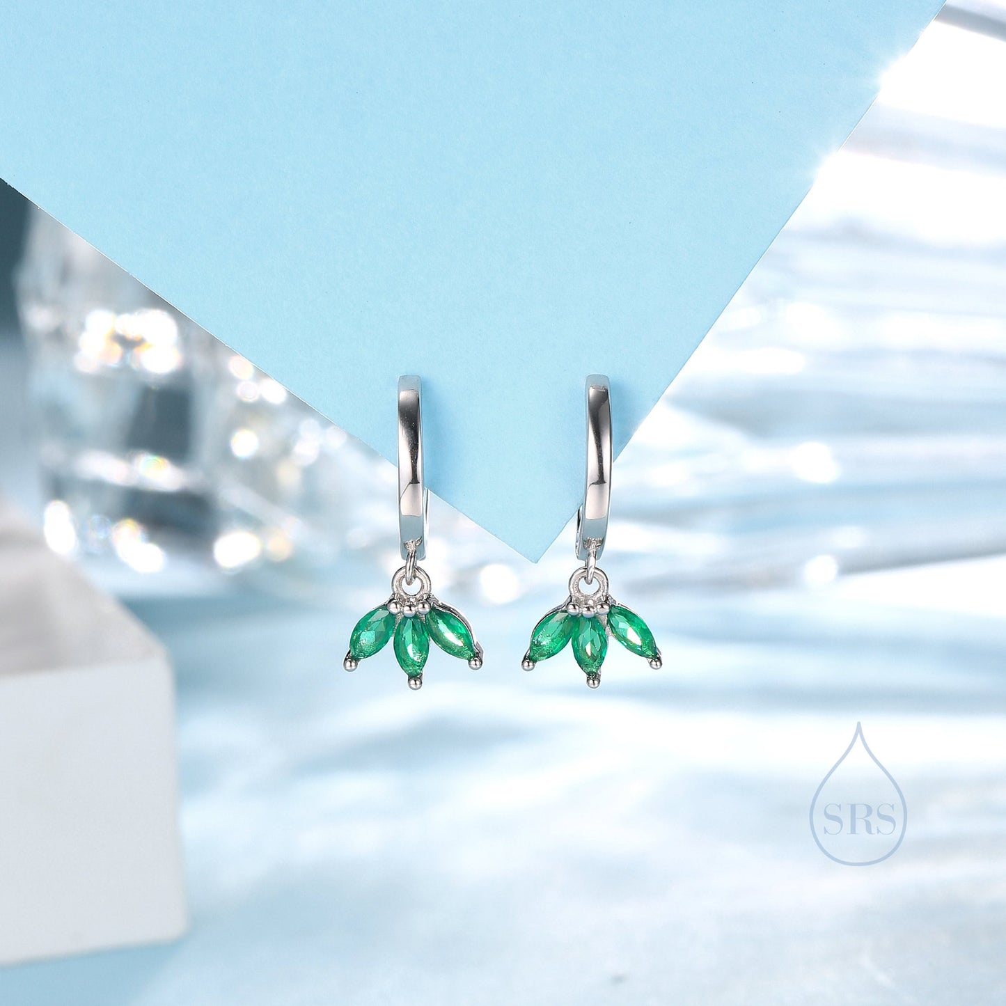 Emerald Green CZ Marquise Crown Huggie Hoop Earrings in Sterling Silver, Silver or Gold, Geometric Hoop Earrings, May Birthstone