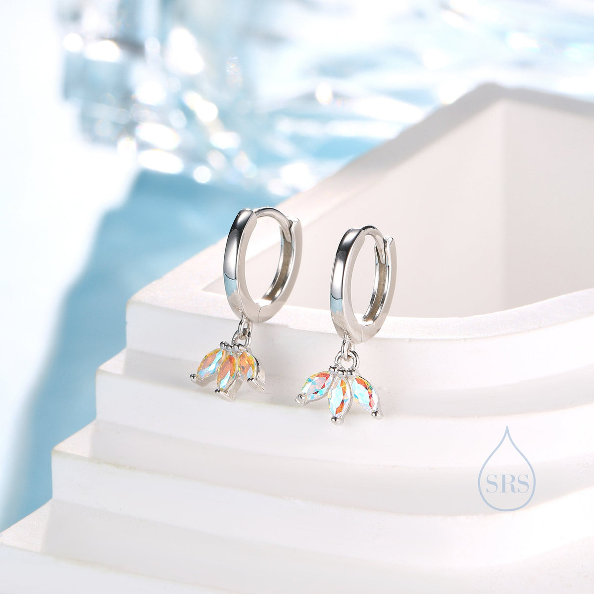 Aurora AB CZ Marquise Crown Huggie Hoop Earrings in Sterling Silver, Silver or Gold, Geometric Hoop Earrings, Colour Changing