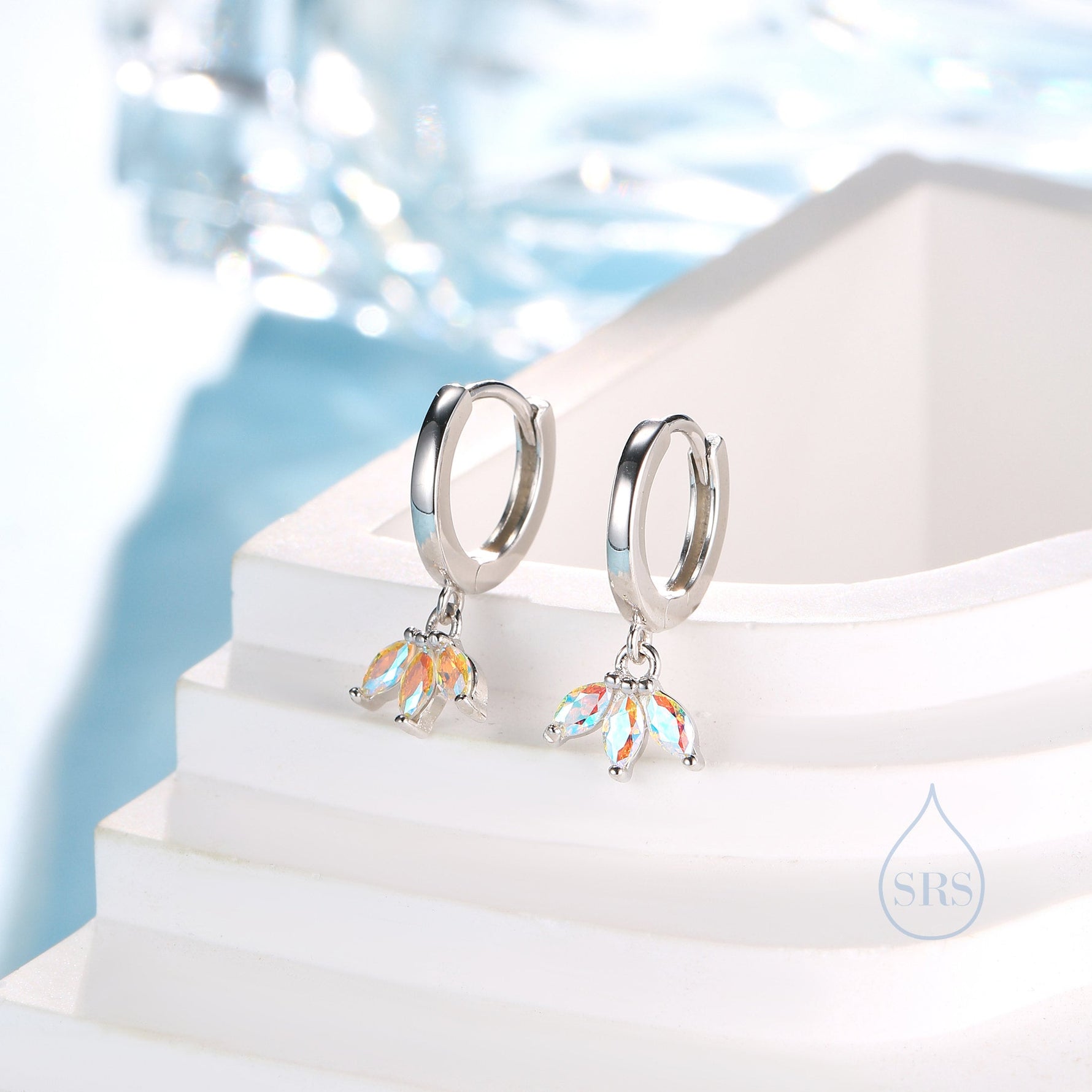 Aurora AB CZ Marquise Crown Huggie Hoop Earrings in Sterling Silver, Silver or Gold, Geometric Hoop Earrings, Colour Changing