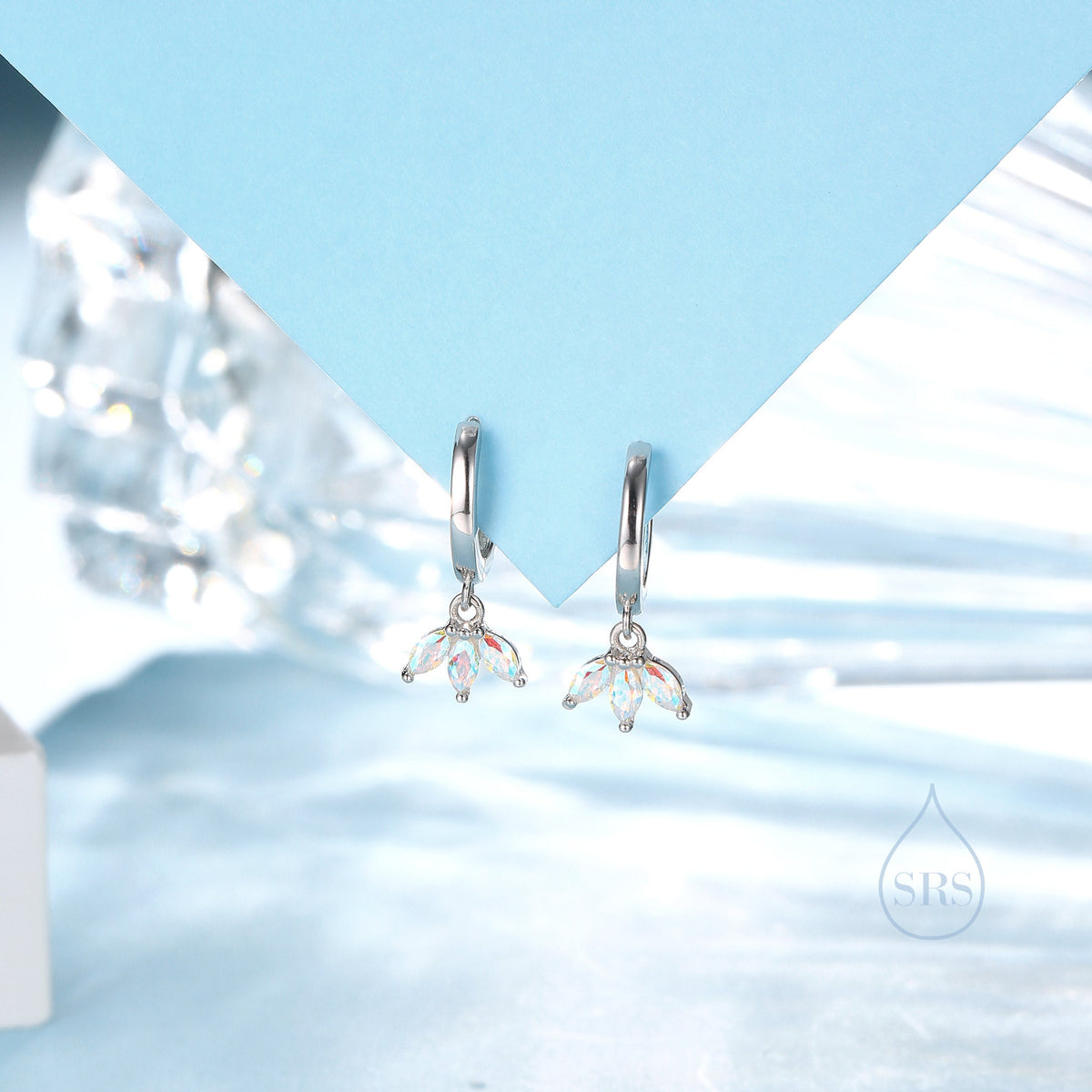 Aurora AB CZ Marquise Crown Huggie Hoop Earrings in Sterling Silver, Silver or Gold, Geometric Hoop Earrings, Colour Changing