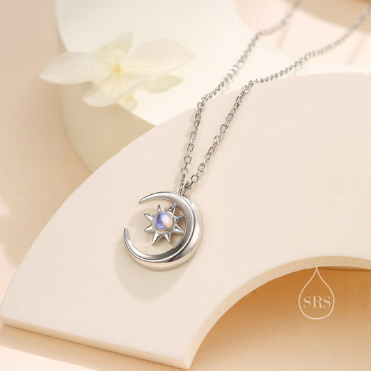 Moonstone Moon and Star Pendant Necklace in Sterling Silver, Silver or Gold, Aurora Star Necklace, Moonstone Starburst, Moon and Sun