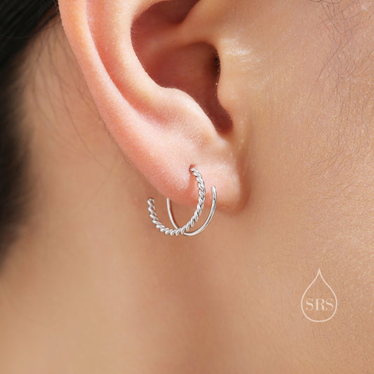 Single Piercing Spiral Hoop Earrings In Sterling Silver with Braided Details, Silver, Gold or Rose Gold, Minimalist Spiral Earrings