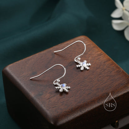 Moonstone Snowflake Drop Hook Earrings in Sterling Silver, Delicate Snowflake Earrings, Moonstone Earrings, Snow Earrings