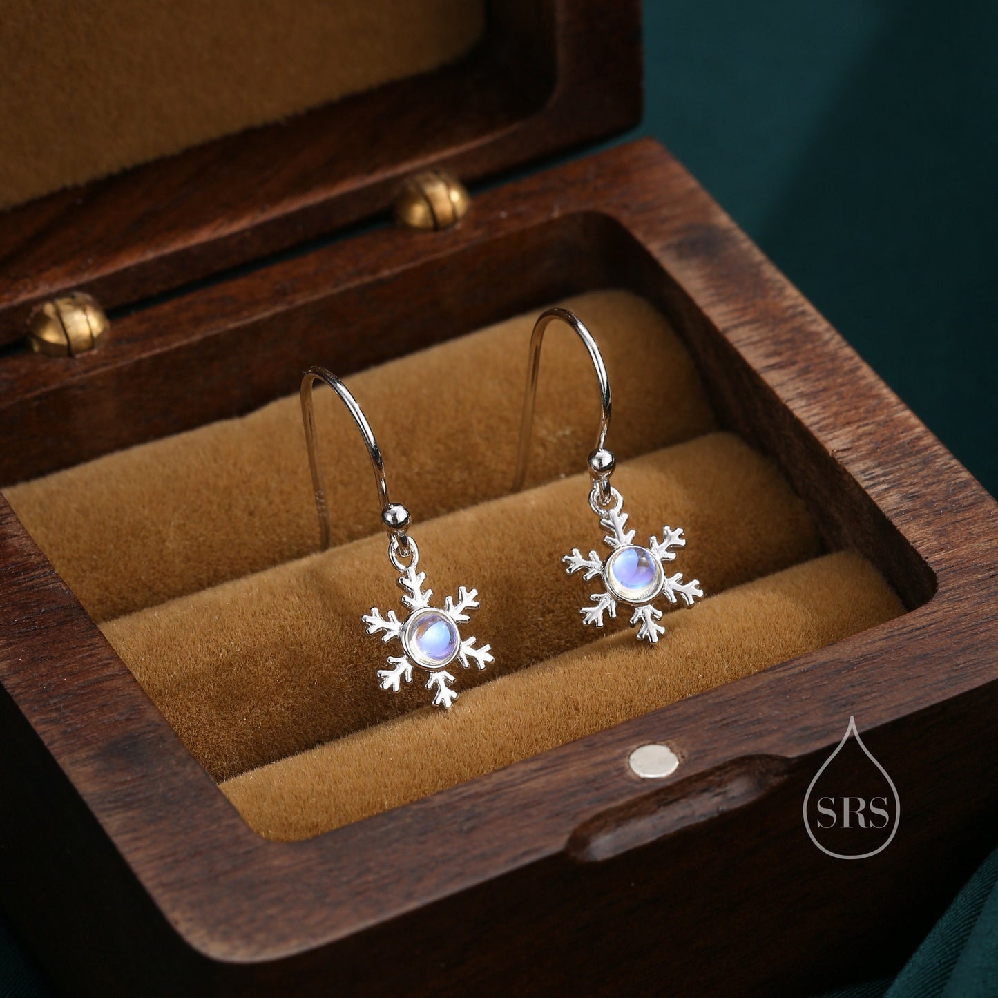 Moonstone Snowflake Drop Hook Earrings in Sterling Silver, Delicate Snowflake Earrings, Moonstone Earrings, Snow Earrings