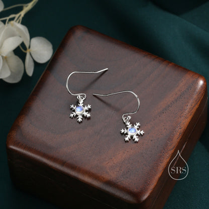 Moonstone Snowflake Drop Hook Earrings in Sterling Silver, Delicate Snowflake Earrings, Moonstone Earrings, Snow Earrings