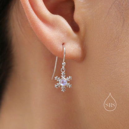 Moonstone Snowflake Drop Hook Earrings in Sterling Silver, Delicate Snowflake Earrings, Moonstone Earrings, Snow Earrings