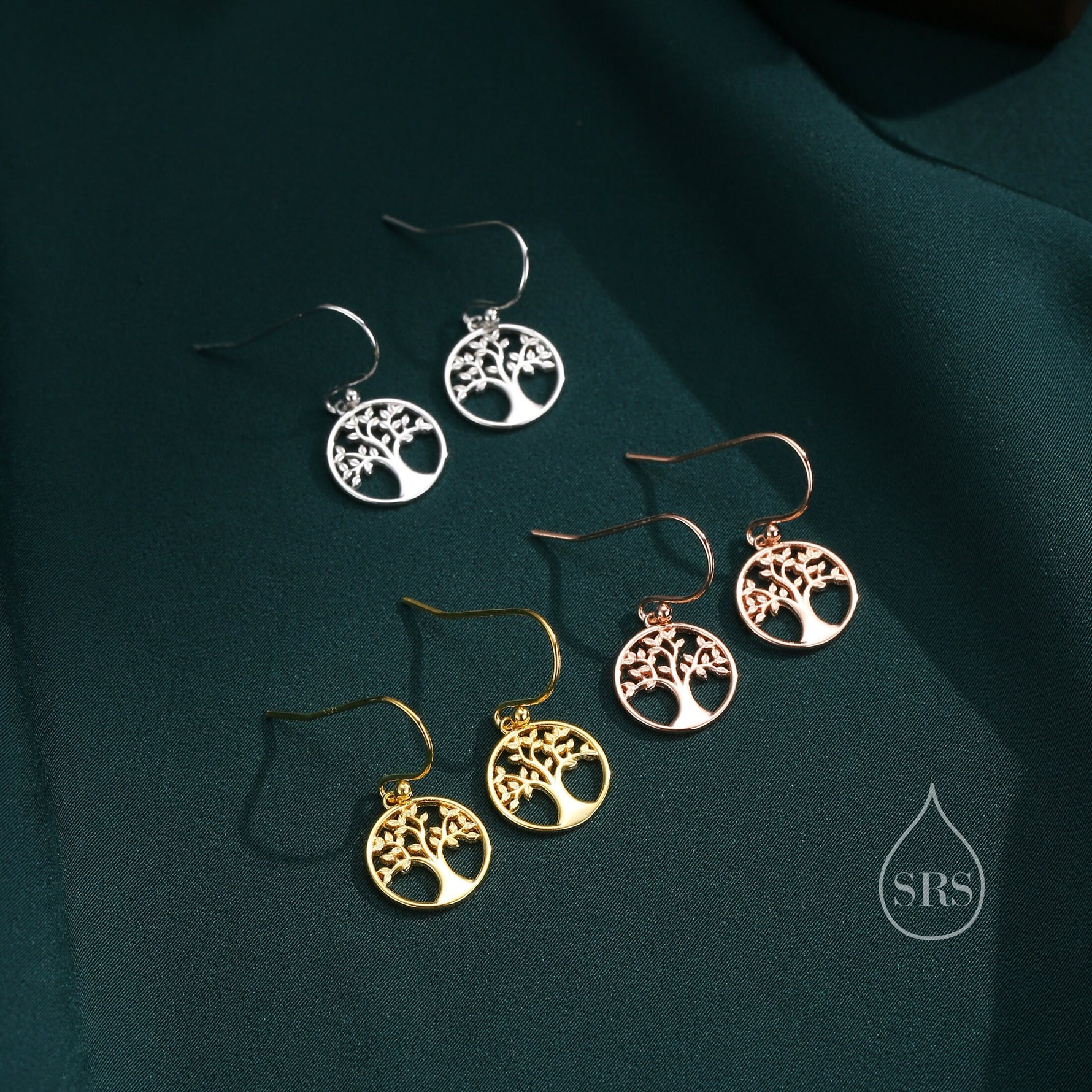 Tree Drop Hook Earrings in Sterling Silver, Silver or Gold or Rose Gold, Sterling Silver Tree of Life Earrings