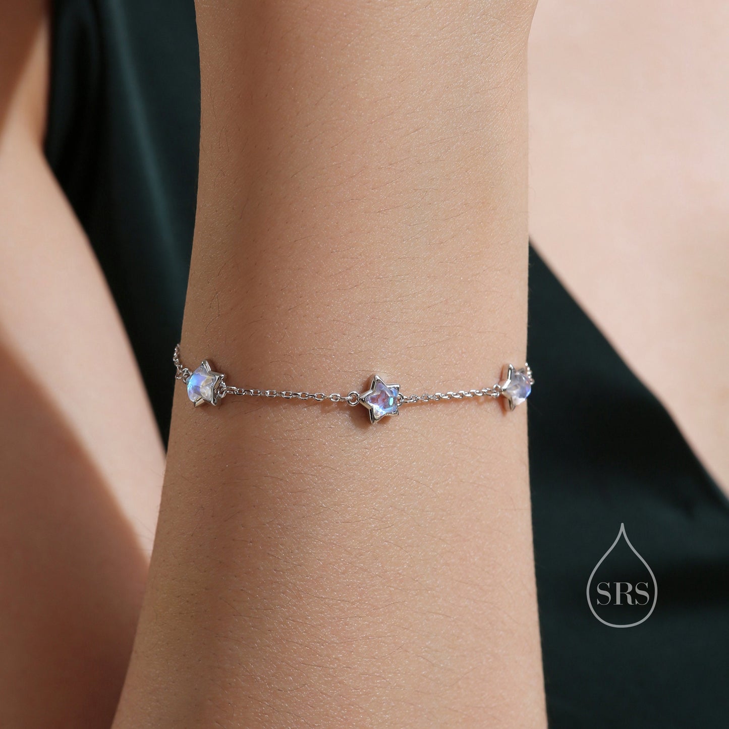 Moonstone Star Trio Bracelet in Sterling Silver, Silver or Gold, Simulated Moonstone Star Bracelet, Sunburst Bracelet, Star Bracelet