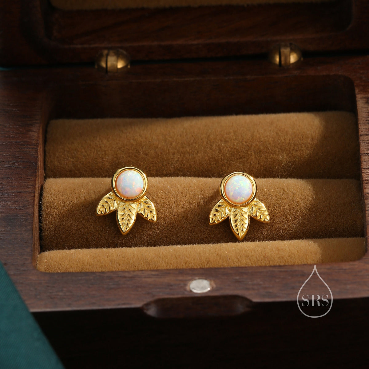 White Opal and Leaf Motif Stud Earrings in Sterling Silver, Lab Opal Leaf Earrings, Fire Opal Tree Earrings