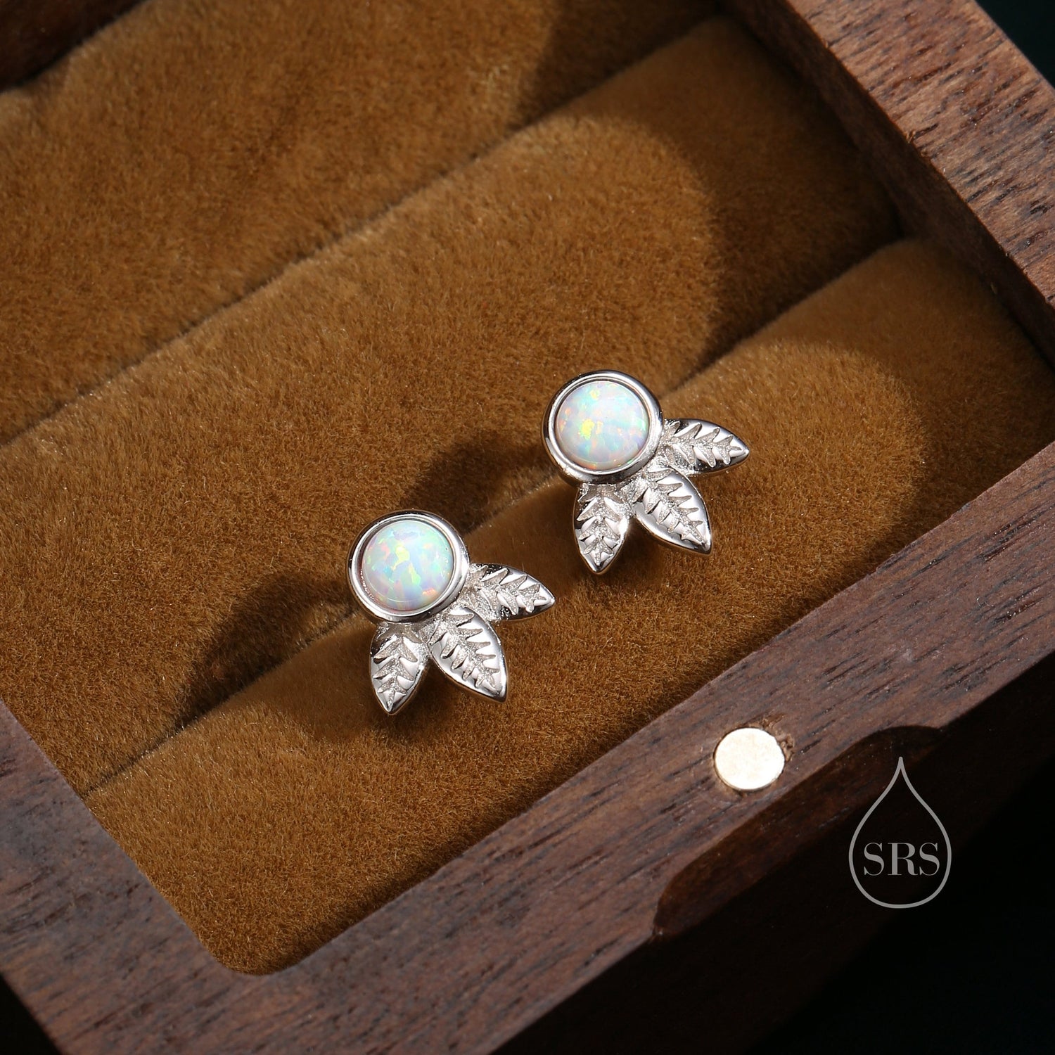 White Opal and Leaf Motif Stud Earrings in Sterling Silver, Lab Opal Leaf Earrings, Fire Opal Tree Earrings