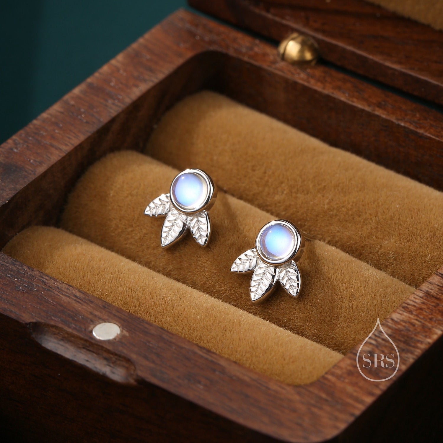Moonstone and Leaf Motif Stud Earrings in Sterling Silver, Lab Moonstone Leaf Earrings, Moonstone Tree Earrings, Moonstone Crown Earrings