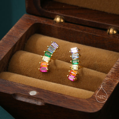 Rainbow Baguette CZ Stud Earrings in Sterling Silver, Silver or Gold, Rainbow Earrings, Rainbow Bar Earrings