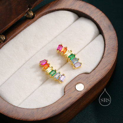 Rainbow Baguette CZ Stud Earrings in Sterling Silver, Silver or Gold, Rainbow Earrings, Rainbow Bar Earrings