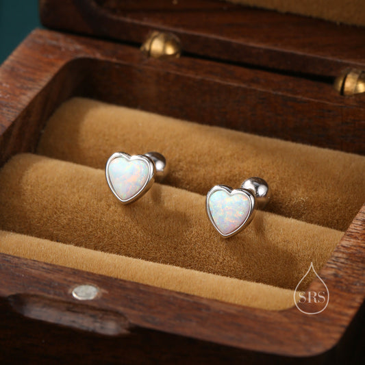 White Opal Heart Screw back Earrings in Sterling Silver, Lab Opal Heart Earrings, Silver or Gold,  Heart Screwback Earrings, Fire Opal