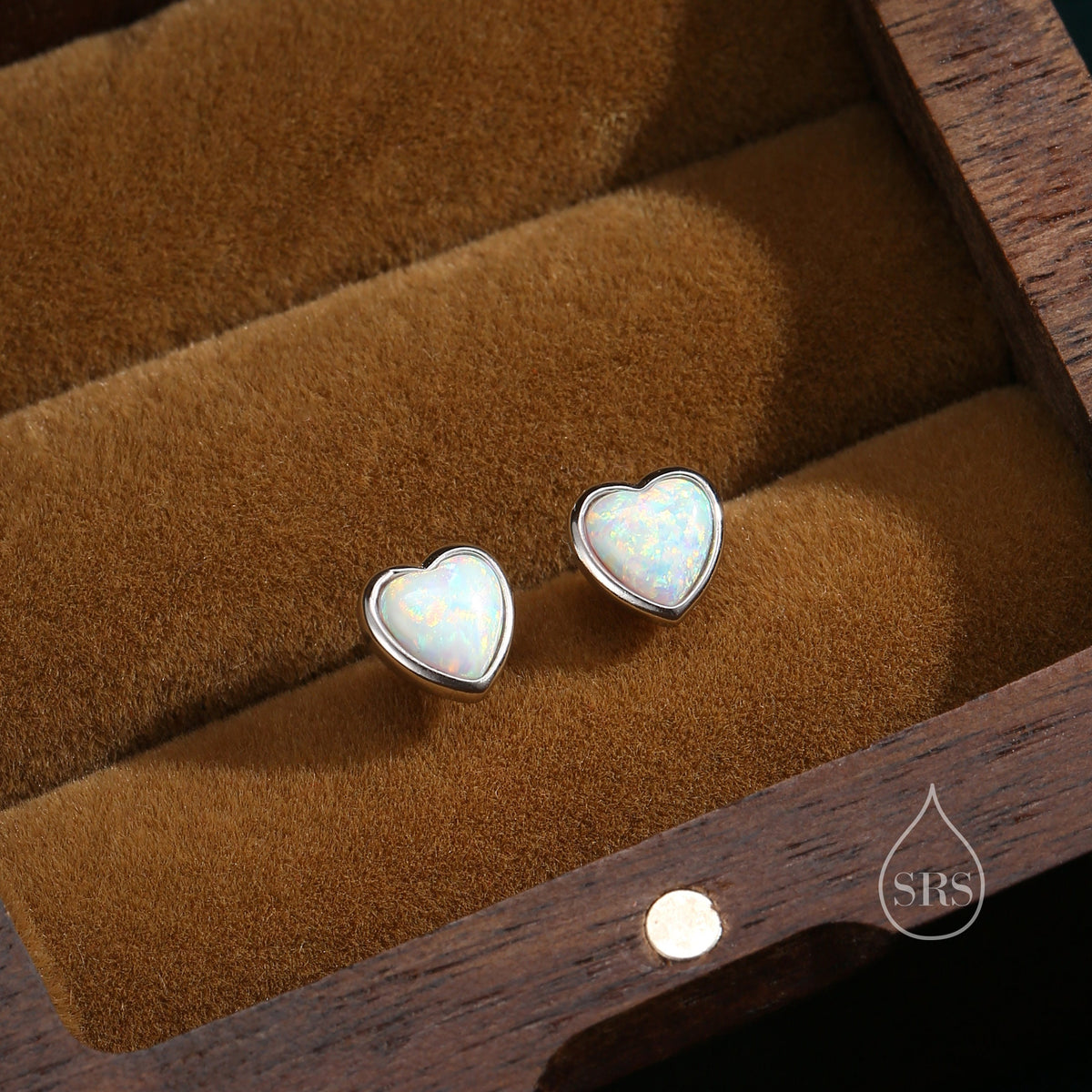 White Opal Heart Screw back Earrings in Sterling Silver, Lab Opal Heart Earrings, Silver or Gold, Heart Screwback Earrings, Fire Opal