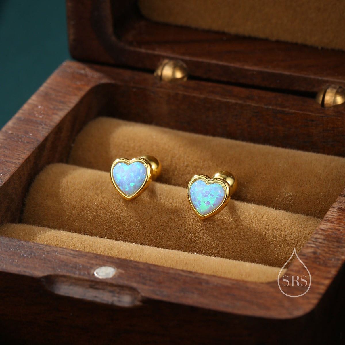 Blue Opal Heart Screw Back Earrings in Sterling Silver, Opal Heart Earrings, Silver or Gold, Heart Earrings, Aqua Blue Opal Earrings