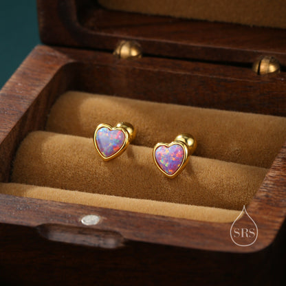 Purple Opal Heart Screw Back Earrings in Sterling Silver, Opal Heart Earrings, Silver or Gold,  Heart Earrings, Purple Opal Earrings