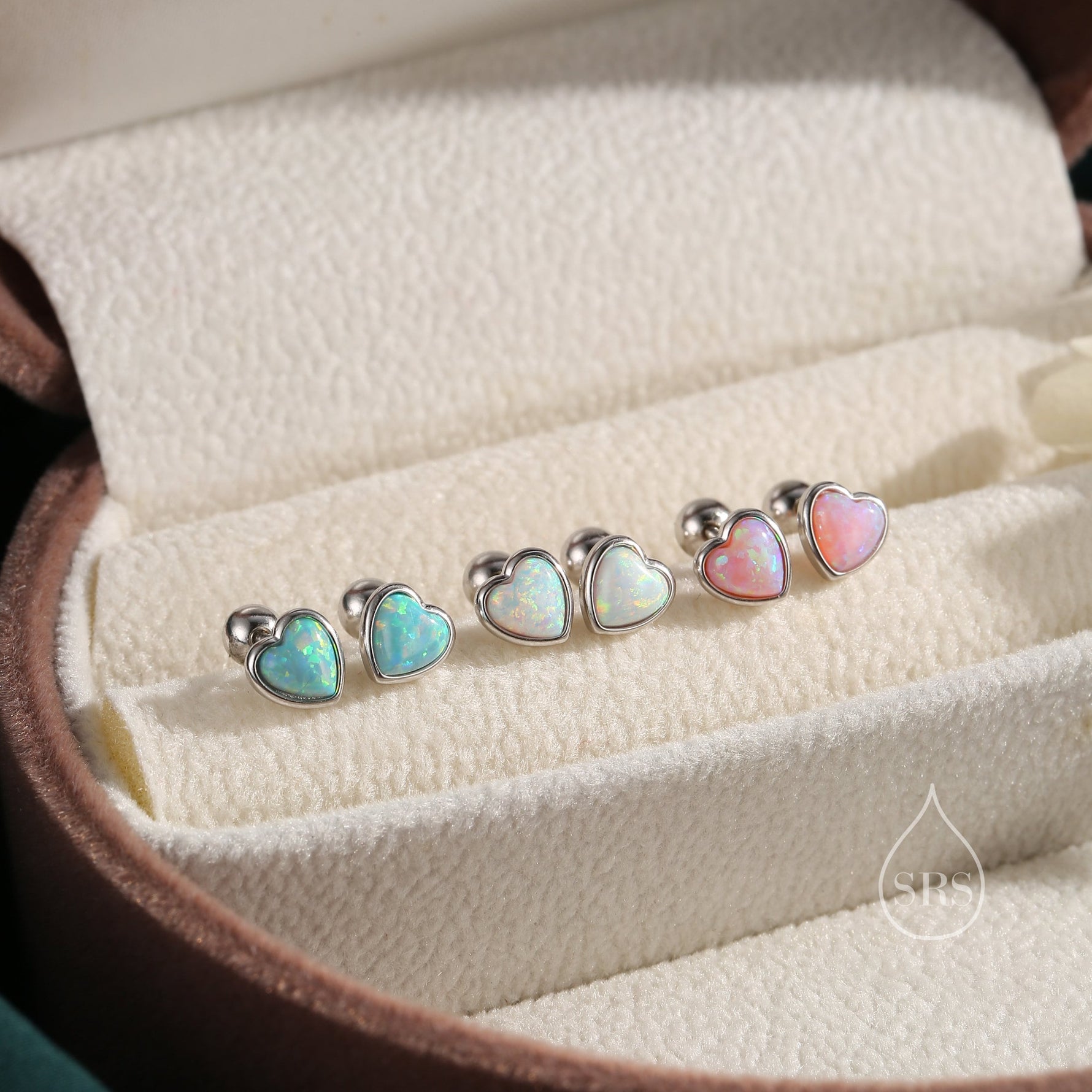 Pink Opal Heart Screw Back Earrings in Sterling Silver, Opal Heart Earrings, Silver or Gold, Heart Earrings, Fire Opal Earrings