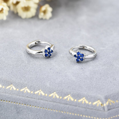 Tiny Sapphire Blue CZ Flower Huggie Hoops, CZ Hoop Earrings, Crystal Flower Huggie Earrings, September Birthstone