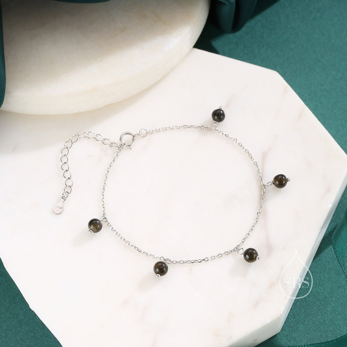 Natural Gold Obsidian Bracelet in Sterling Silver, Dark Obsidian Beaded Bracelet, Silver Obsidian Bracelet