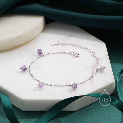 Natural Lilac Amethyst Bracelet in Sterling Silver, Dark Amethyst Beaded Bracelet, Silver Amethyst Bracelet