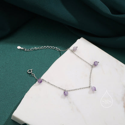 Natural Lilac Amethyst Bracelet in Sterling Silver, Dark Amethyst Beaded Bracelet, Silver Amethyst Bracelet