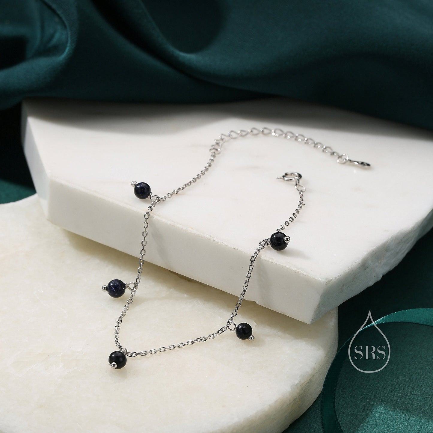 Blue Sandstone Bracelet in Sterling Silver, Dark Blue Sandstone Beaded Bracelet, Silver Blue Sandstone Bracelet