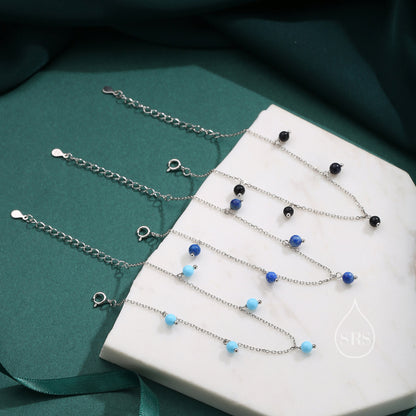 Blue Sandstone Bracelet in Sterling Silver, Dark Blue Sandstone Beaded Bracelet, Silver Blue Sandstone Bracelet