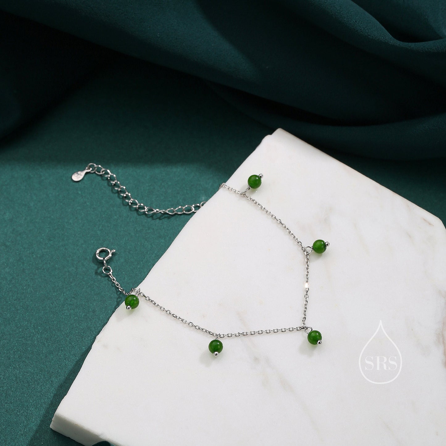 Natural Green Onyx Bracelet in Sterling Silver, Green Onyx Beaded Bracelet, Silver Green Onyx Bracelet