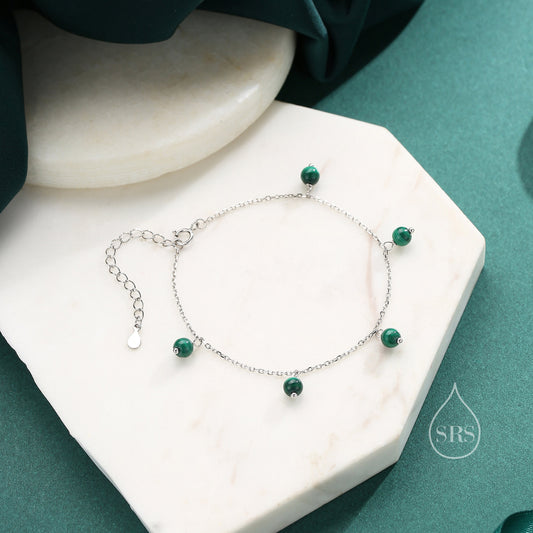 Natural Green Malachite Bracelet in Sterling Silver, Malachite Beaded Bracelet, Silver Malachite Bracelet