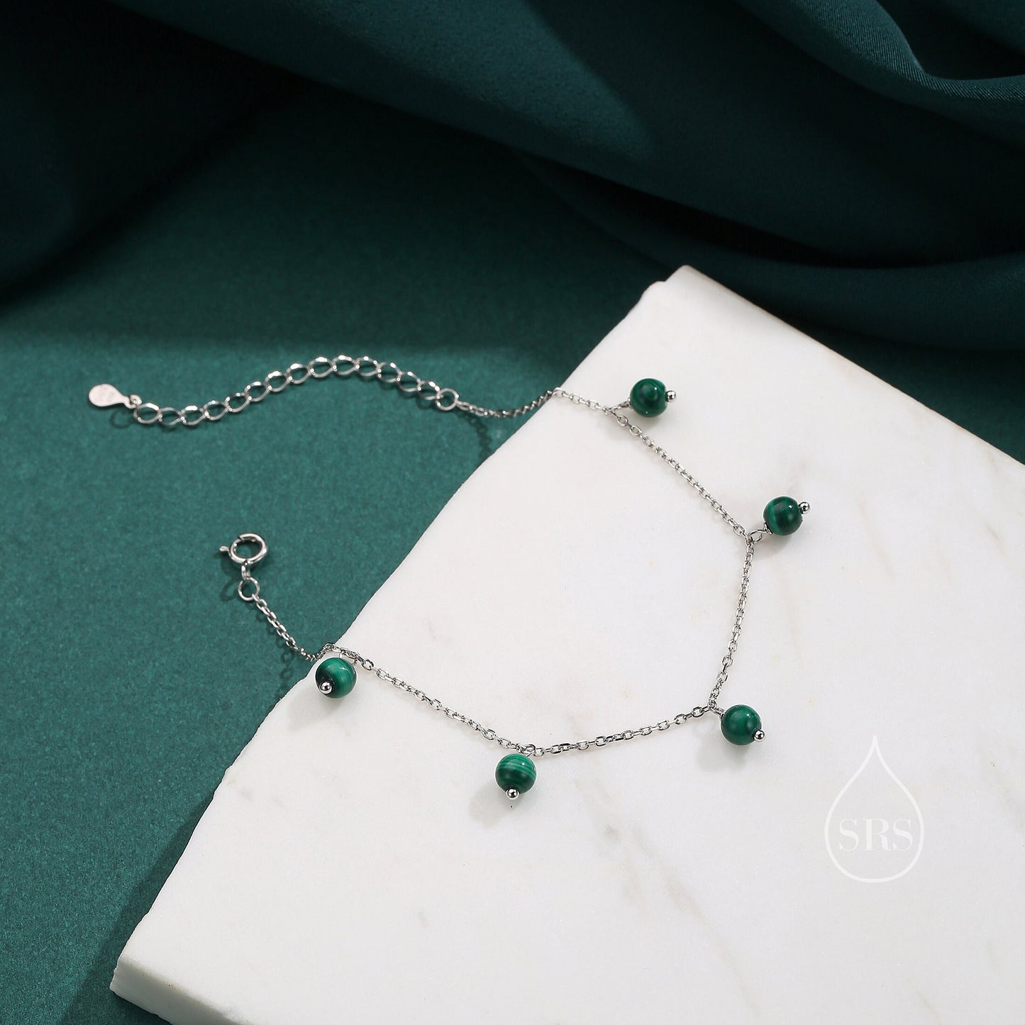Natural Green Malachite Bracelet in Sterling Silver, Malachite Beaded Bracelet, Silver Malachite Bracelet