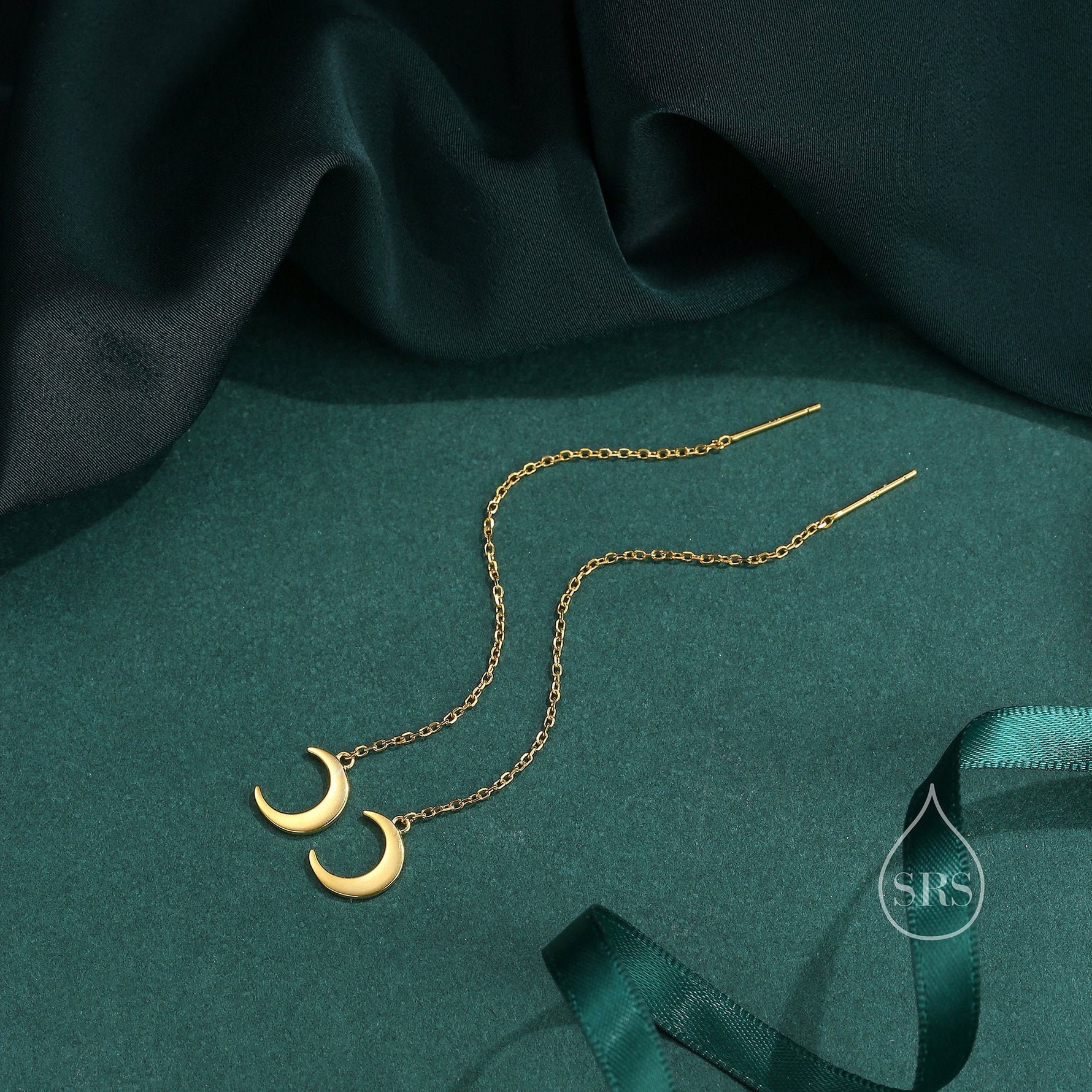 Crescent Moon Dangle Threaders Earrings, Moon Ear Threaders, Moon Earrings, Celestial Earrings