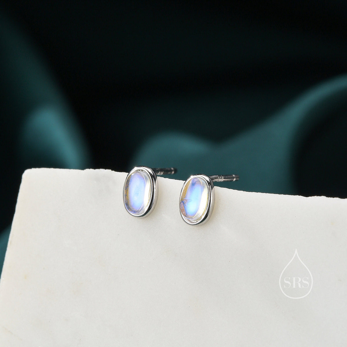 Sterling Silver Oval Moonstone Stud Earrings, Lab Moonstone Earrings, Minimalist Moonstone Earrings