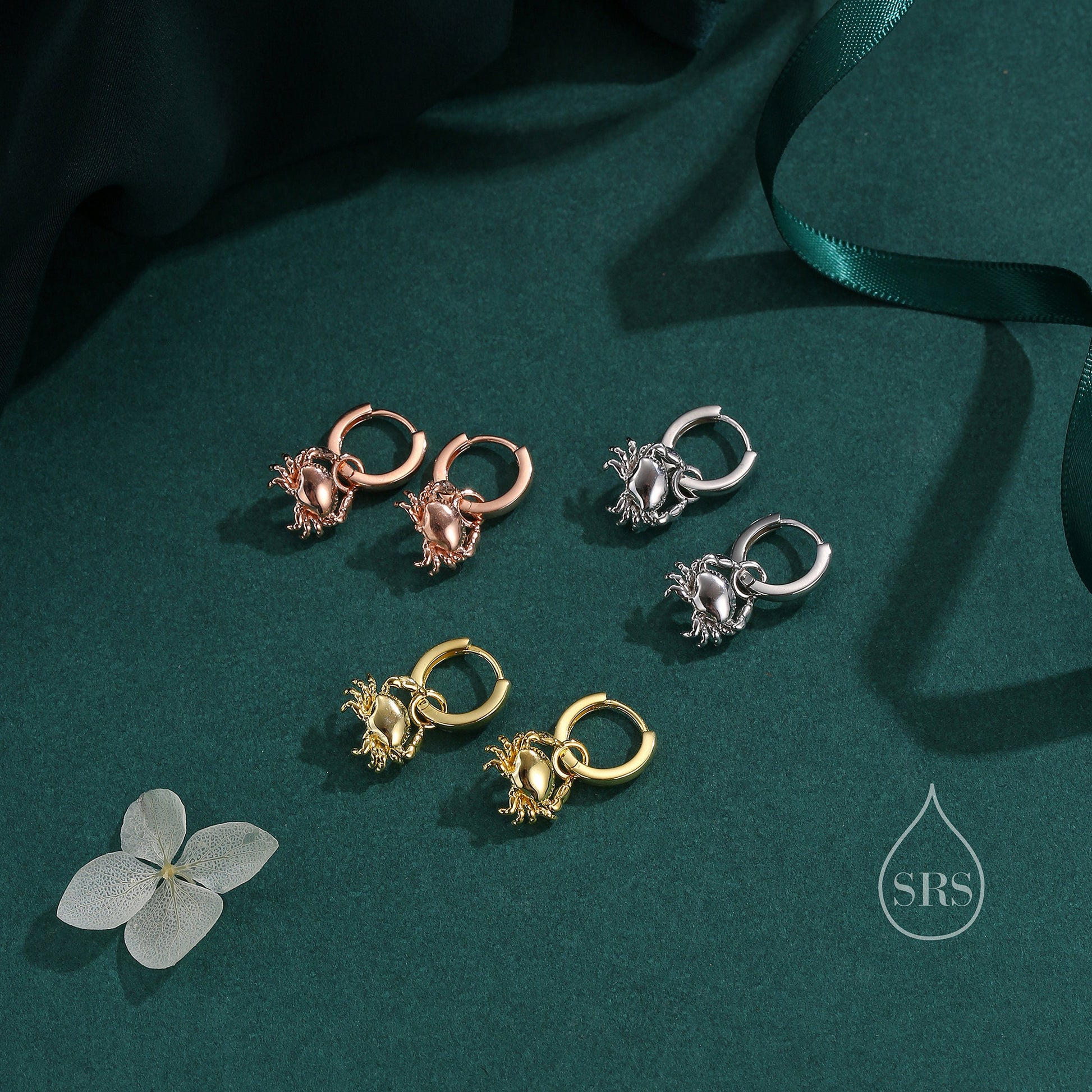 Sterling Silver Crab Dangle Huggie Hoops, Detachable Crab Hoop Earrings, Dainty Dangle Earrings, Fish Earrings, Ocean Animal