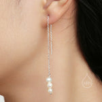 Natural Freshwater Pearl Trio Threader Earrings in Sterling Silver, 9cm Ear Threaders, Long Threaders, Pearl Ear Threaders