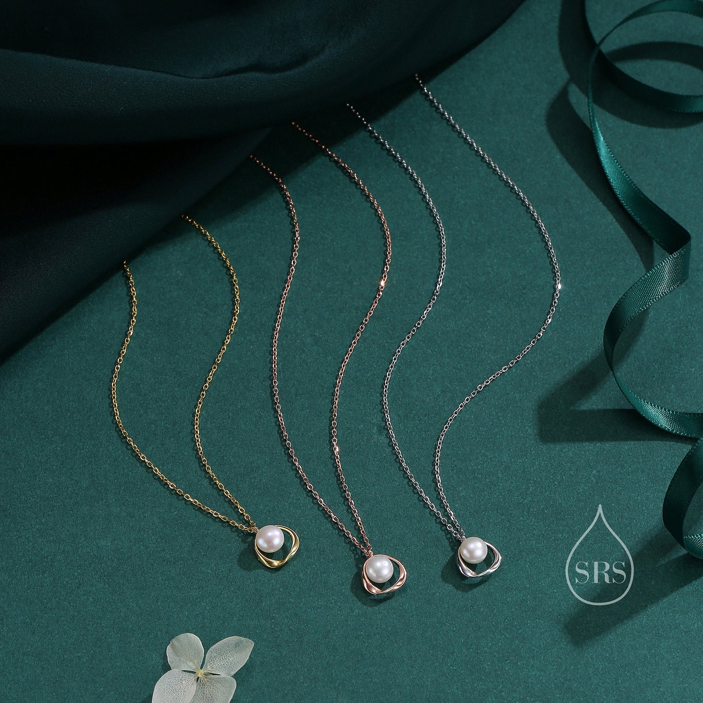 Genuine Freshwater Pearl and Mobius Circle Pendant Necklace in Sterling Silver, Silver or Gold or Rose Gold,  Delicate Keshi Pearl Halo