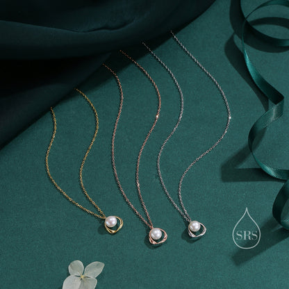 Genuine Freshwater Pearl and Mobius Circle Pendant Necklace in Sterling Silver, Silver or Gold or Rose Gold,  Delicate Keshi Pearl Halo