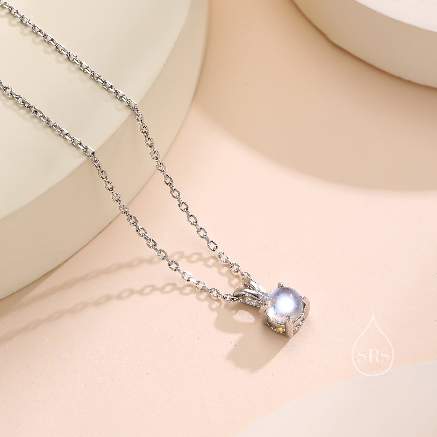 Tiny Moonstone Pendant Necklace in Sterling Silver, 5mm Aurora Glass Necklace, Dainty Moonstone Necklace