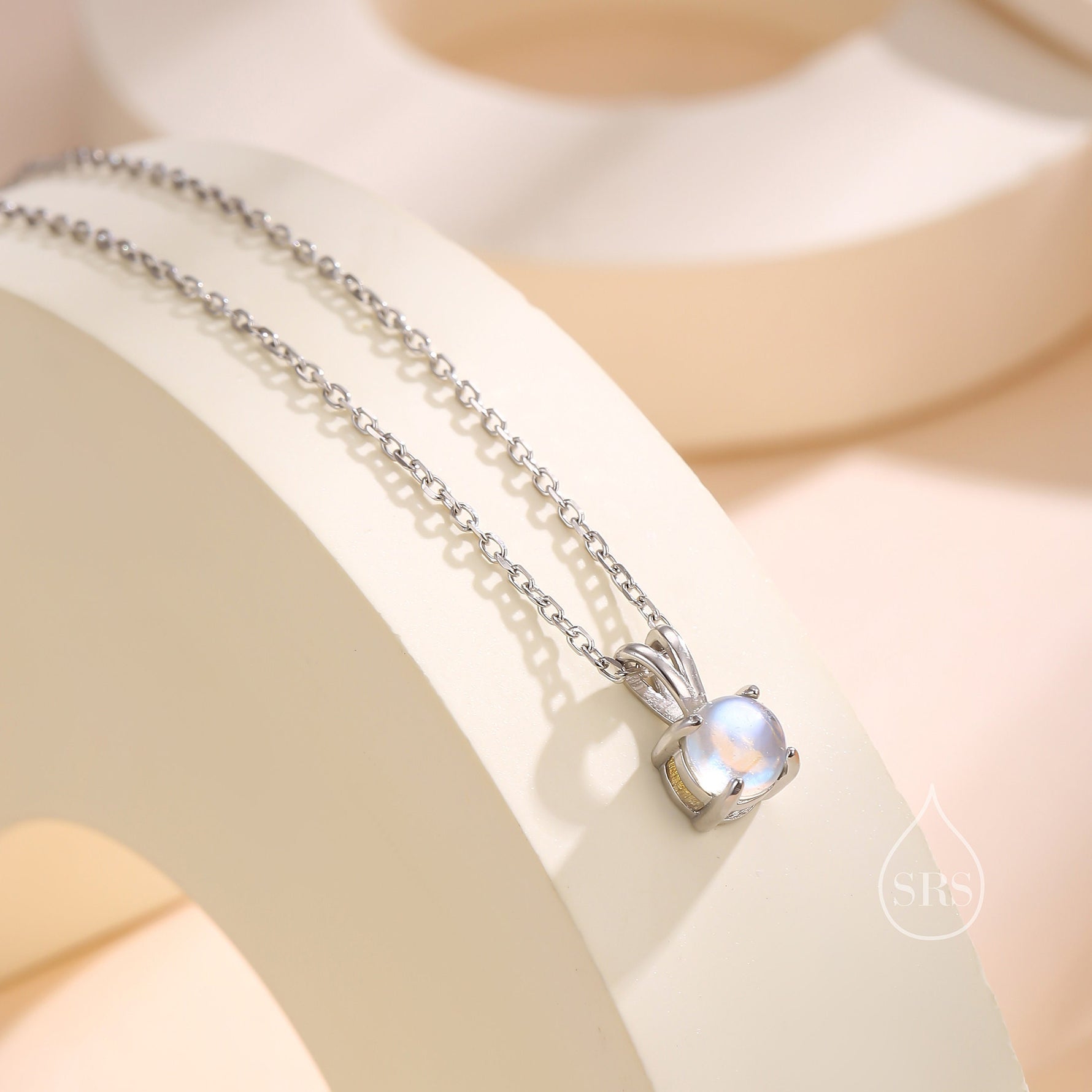 Tiny Moonstone Pendant Necklace in Sterling Silver, 5mm Aurora Glass Necklace, Dainty Moonstone Necklace
