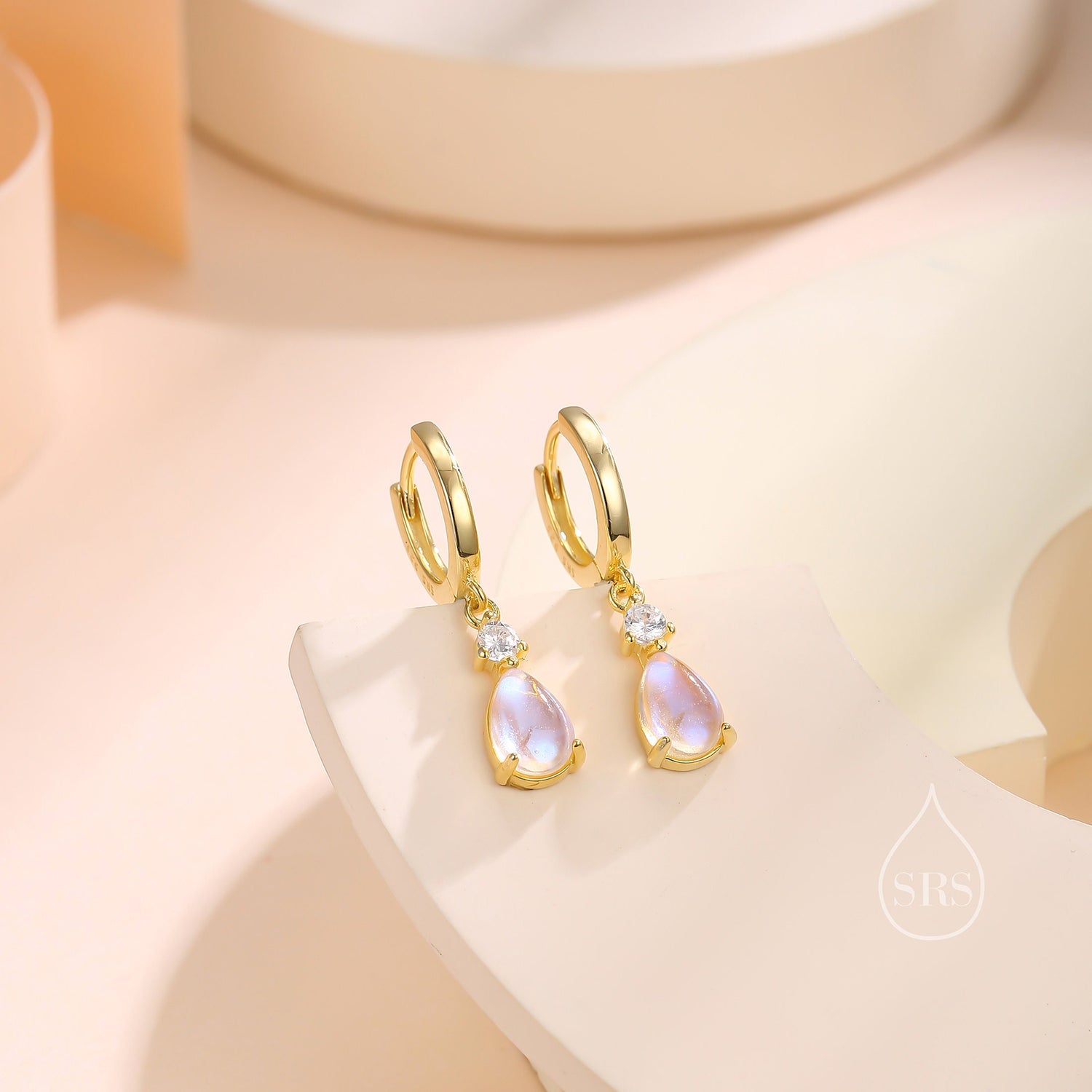 Moonstone Droplet and CZ Huggie Hoop Earrings in Sterling Silver,  Simulated Moonstone Hoops, Silver or Gold