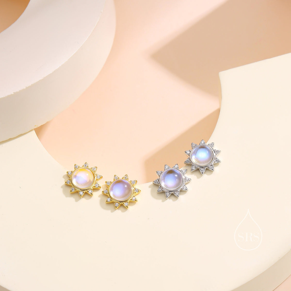 Moonstone and CZ Sun Stud Earrings in Sterling Silver, Silver or Gold, Delicate Sun Earrings, Moonstone Earrings, Celestial Earrings