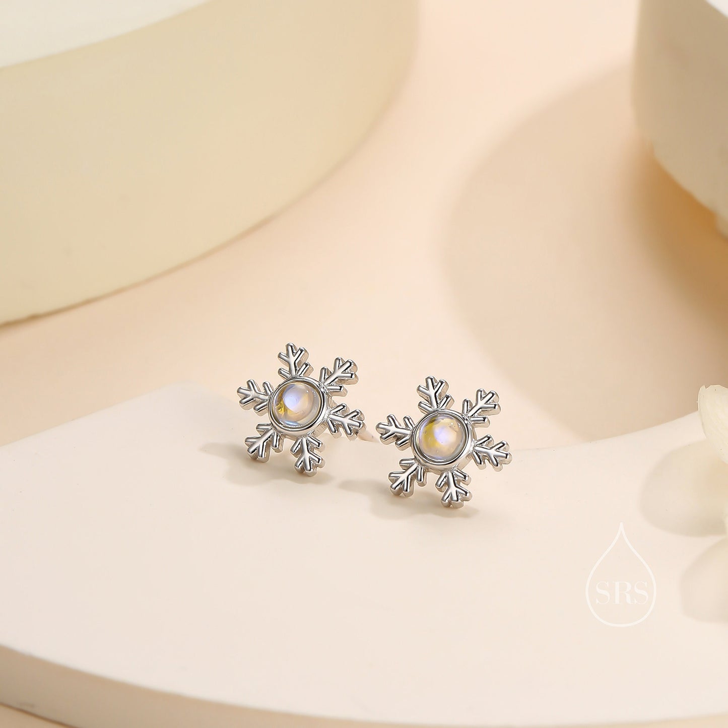 Moonstone Snowflake Stud Earrings in Sterling Silver, Delicate Snowflake Earrings, Moonstone Earrings, Snow Earrings