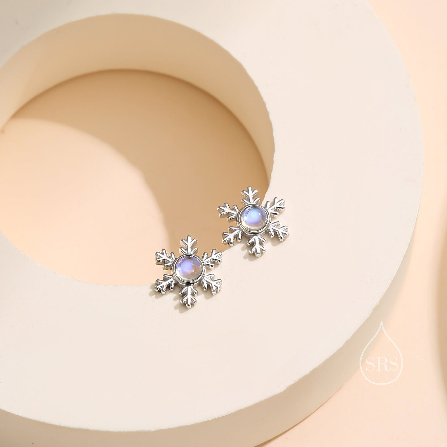 Moonstone Snowflake Stud Earrings in Sterling Silver, Delicate Snowflake Earrings, Moonstone Earrings, Snow Earrings