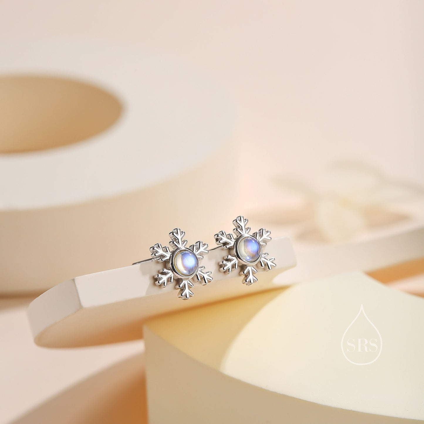 Moonstone Snowflake Stud Earrings in Sterling Silver, Delicate Snowflake Earrings, Moonstone Earrings, Snow Earrings